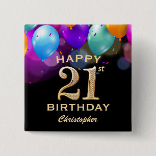 21st Birthday Party Black and Gold Balloons 15 Cm Square Badge
