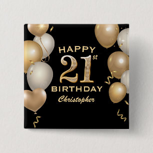 21st Birthday Party Black and Gold Balloons 15 Cm Square Badge