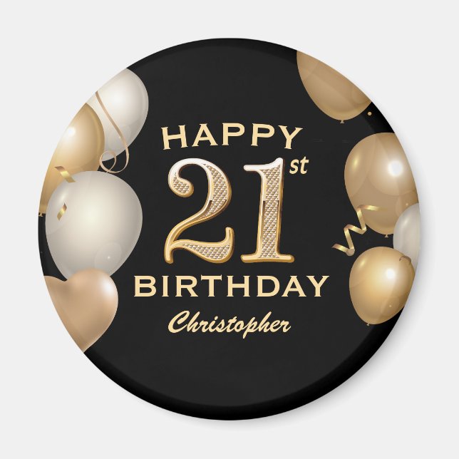 21st Birthday Party Black and Gold Balloons Magnet (Front)