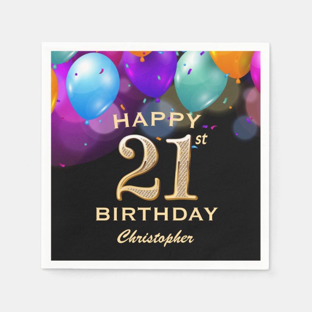 21st Birthday Party Black and Gold Balloons Napkin (Front)