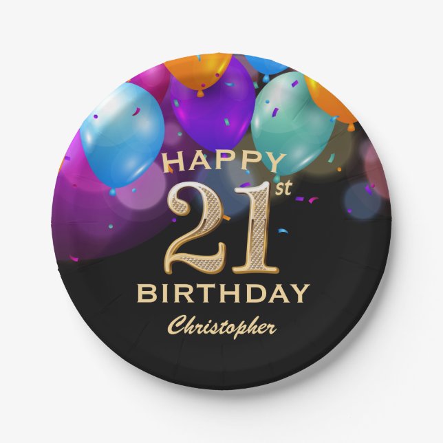 21st Birthday Party Black and Gold Balloons Paper Plate (Front)