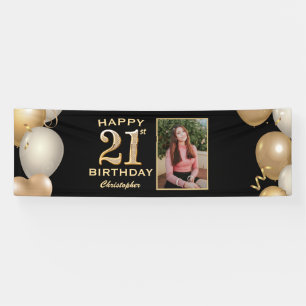 21st Birthday Party Black and Gold Balloons Photo Banner