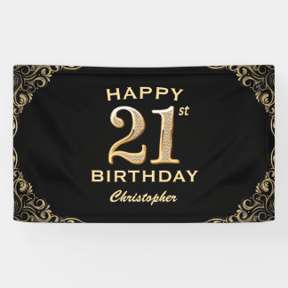 21st Birthday Party Black and Gold Glitter Banner