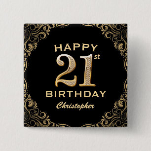 21st Birthday Party Black and Gold Glitter Frame 15 Cm Square Badge