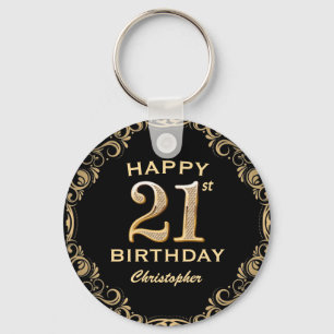 21st Birthday Party Black and Gold Glitter Frame Key Ring
