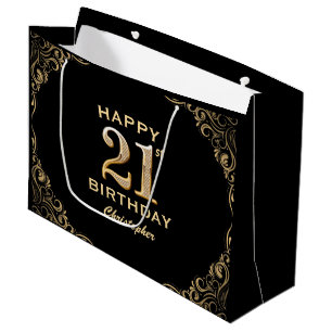 21st Birthday Party Black and Gold Glitter Frame Large Gift Bag