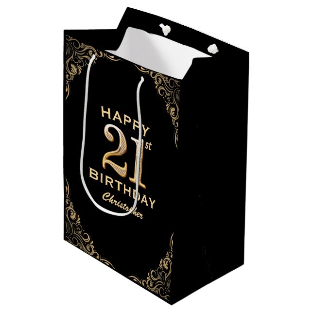 21st Birthday Party Black and Gold Glitter Frame Medium Gift Bag (Front Angled)