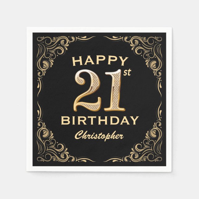 21st Birthday Party Black and Gold Glitter Frame Napkin (Front)