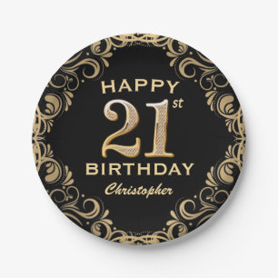 21st Birthday Party Black and Gold Glitter Frame Paper Plate