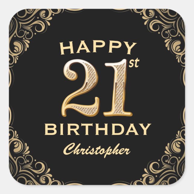 21st Birthday Party Black and Gold Glitter Frame Square Sticker (Front)
