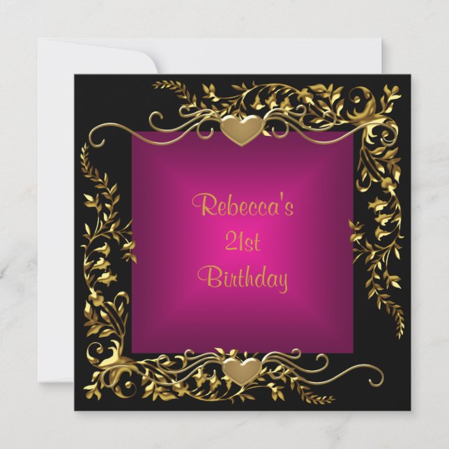 21st Birthday Party Black Bright Deep Pink Gold Invitation (Front)