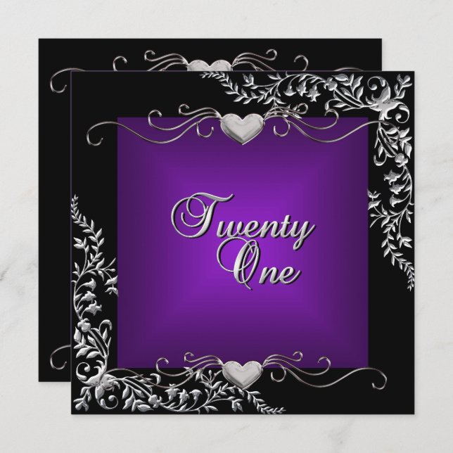 21st Birthday Party Black Bright Deep Purple Invitation (Front/Back)