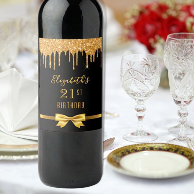 21st birthday party black gold glitter drip name wine label (Creator Uploaded)