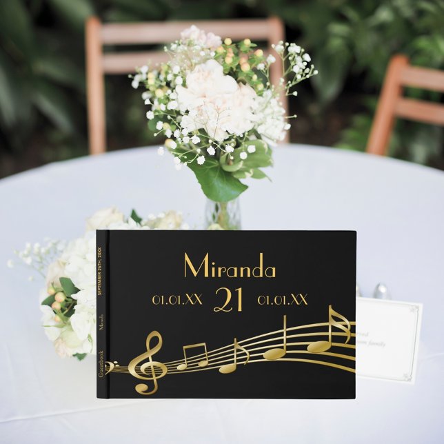 21st birthday party black gold music notes guest book (Creator Uploaded)