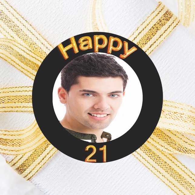 21st birthday party black gold photo classic round sticker (Creator Uploaded)