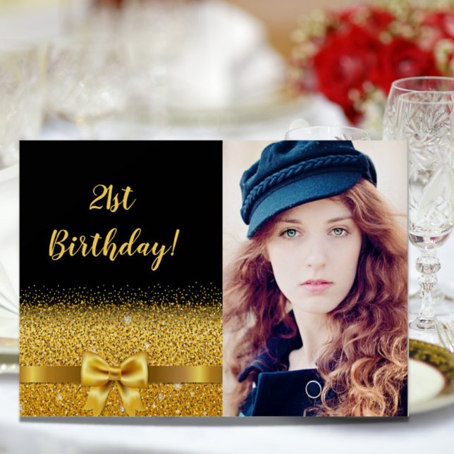 21st birthday party black gold photo glam invitation (Creator Uploaded)