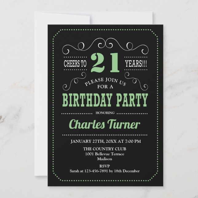 21st Birthday Party - Black Green Invitation (Front)