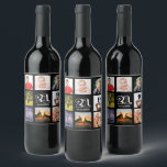 21st birthday party Black photo collage guy Wine Label<br><div class="desc">A bottle label for a 21st birthday party for a guy,  celebrating his life with a collage of 8 of your own photos.  Templates for a name,  age 21 and a date.  Date of birth or the date of the party.  White coloured letters.  Black background.</div>