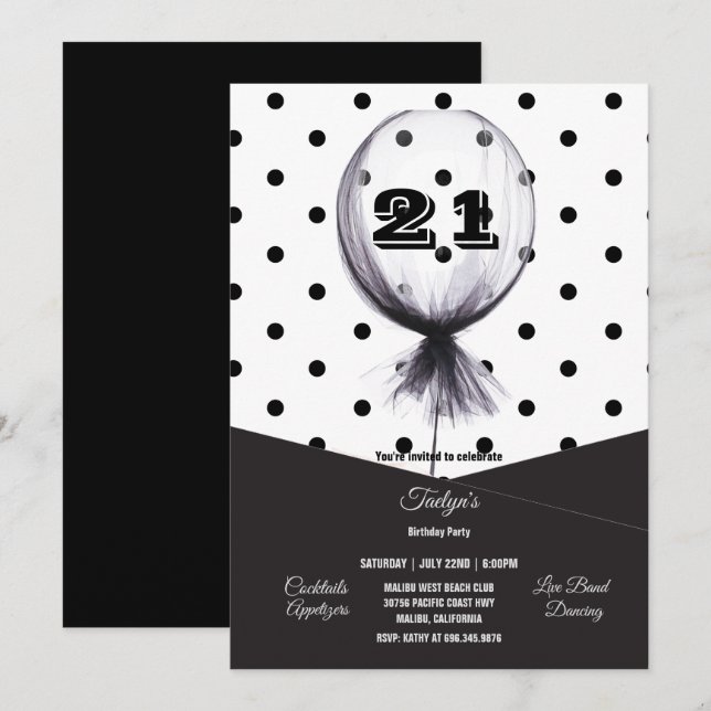 21st Birthday Party Black Polka Dots Balloon Invit Invitation (Front/Back)