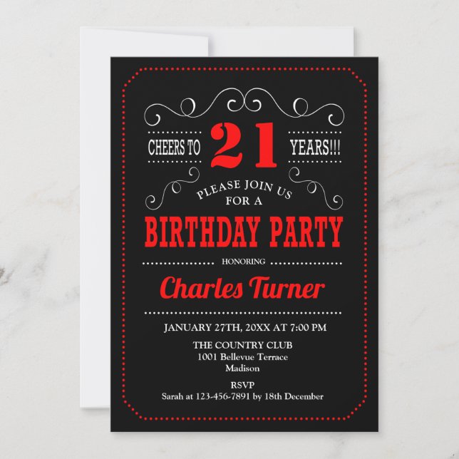 21st Birthday Party - Black Red White Invitation (Front)