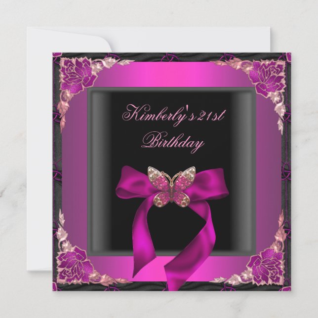 21st Birthday Party Black Silver Pink Butterfly Invitation (Front)