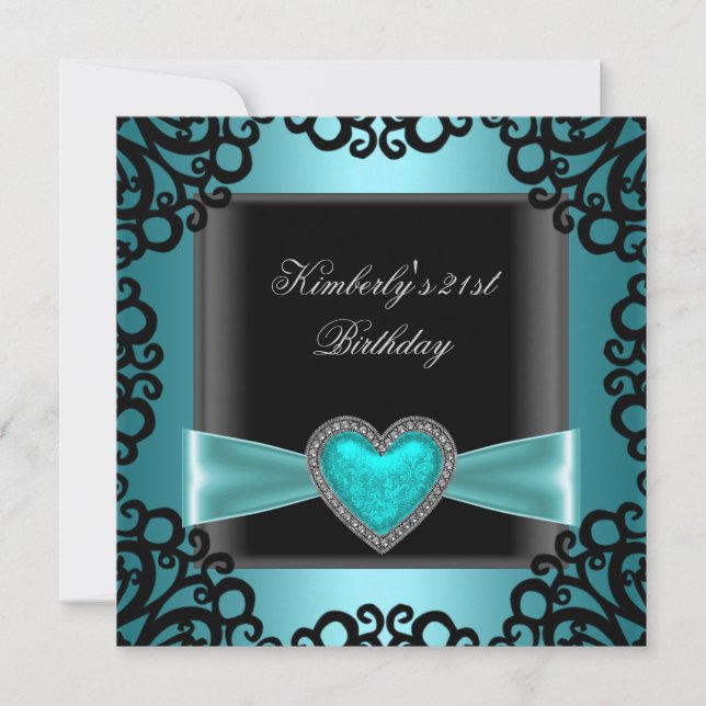21st Birthday Party Black Silver Teal Blue Heart Invitation (Front)