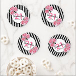21st birthday party black stripes pink florals coaster set<br><div class="desc">A coaster for a 21st birthday party for a girl. Classic slim black and white vertical stripes as background. With girly, feminine and romantic pink roses as decoration. A white and pink frame on front with template for age 21, name and date. Age number in pink, name and date in...</div>