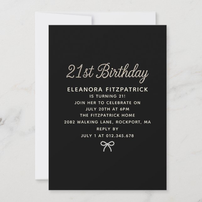 21st Birthday Party Black White Pearl Script Bow Invitation (Front)