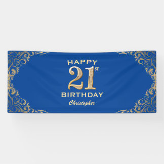 21st Birthday Party Blue and Gold Glitter Frame Banner