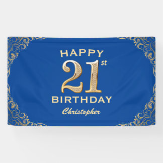 21st Birthday Party Blue and Gold Glitter Frame Banner