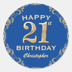 21st Birthday Party Blue and Gold Glitter Frame Classic Round Sticker