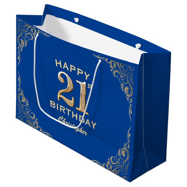 21st Birthday Party Blue and Gold Glitter Frame Large Gift Bag (Front Angled)