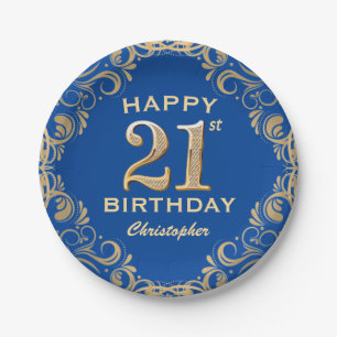 21st Birthday Party Blue and Gold Glitter Frame Paper Plate