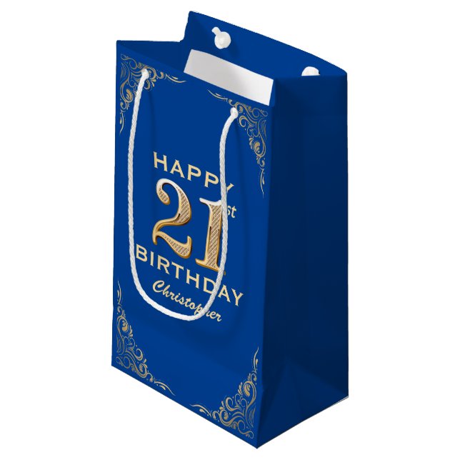21st Birthday Party Blue and Gold Glitter Frame Small Gift Bag (Front Angled)