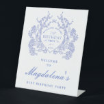 21st Birthday Party Blue Floral Crest Welcome Pedestal Sign<br><div class="desc">An elegant French vintage blue floral crest takes centre stage on this timeless birthday welcome sign. Ornate,  formal and very feminine will make any birthday lady feel very special. Coordinating party supplies are available.</div>