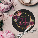 21st birthday party burgundy florals gold black paper plate<br><div class="desc">A plate for a 21st birthday party. A chic black background with a faux gold geometric frame. Decorated with dark purple and burgundy flowers, roses and boho style feathers. Templates for a name, age 21 and a date. Date of birth or the date of the party. The name is written...</div>