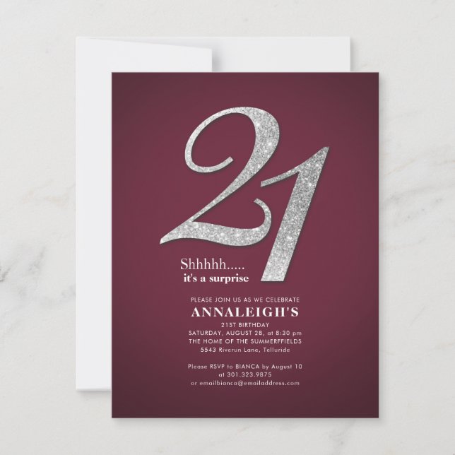 21st Birthday Party Burgundy Silver Glitter Invitation (Front)