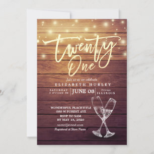 21st Birthday Party Champagne Glasses Wood Lights Invitation