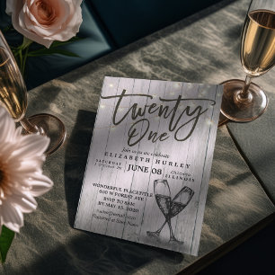 21st Birthday Party Champagne Glasses Wood Lights Invitation