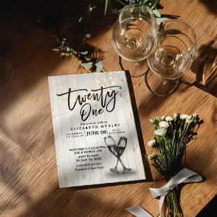 21st Birthday Party Champagne Glasses Wood Lights Invitation