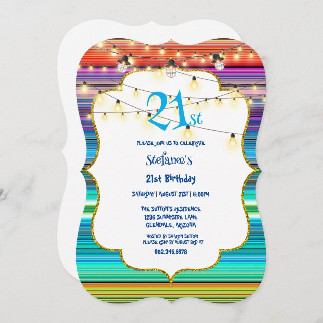 21st Birthday Party Colourful Stripes & Lights  Invitation (Front/Back)