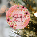 21st birthday party coral gold dahlia flowers ceramic tree decoration<br><div class="desc">A trendy ornament for a 21st birthday, as a favour, gift or keepsake. With a faux gold hexagon geometrical shaped frame. Decorated with watercolored dahlia flowers in pink, cream and coral. Living coral with polka dots as background. Templates for a name, age 21 and a date. Date of birth or...</div>