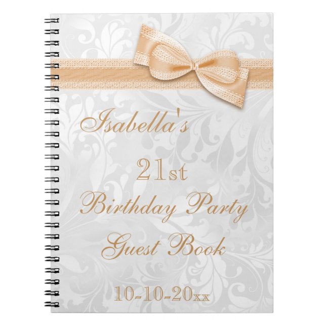 21st Birthday Party Damask and Bow Spiral Notebook (Front)