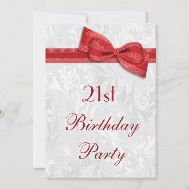 21st Birthday Party Damask and Faux Bow Invitation (Front)