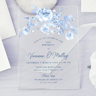 21st Birthday Party Dusty Blue Floral Acrylic Invitations