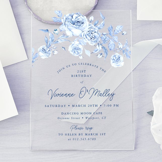 21st Birthday Party Dusty Blue Floral Acrylic Invitations (Creator Uploaded)