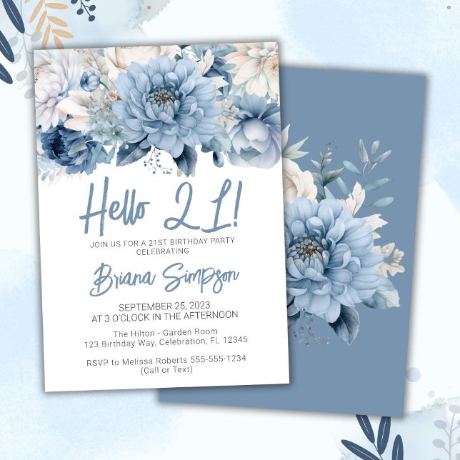 21st Birthday Party Dusty Blue Floral Invitation (Creator Uploaded)