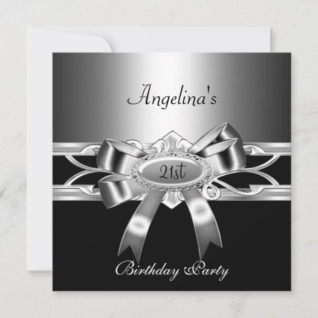 21st Birthday Party Elegant Black Silver Metal Bow Invitation (Front)