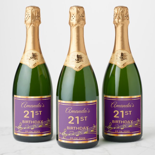 21st birthday party elegant purple and gold music sparkling wine label (Bottles)