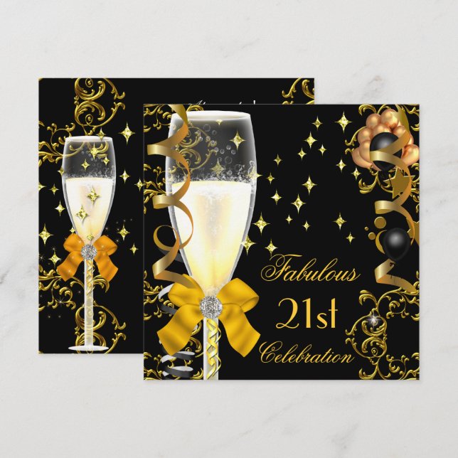 21st Birthday Party Fabulous Champagne Gold Black Invitation (Front/Back)